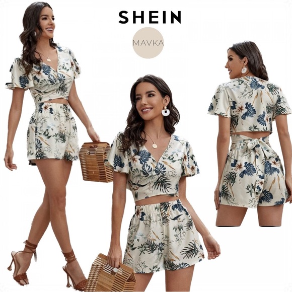 Women's Summer Floral and Print Crop Wrap Top with Shorts Casual Sexy Outfits - Picture 1 of 8